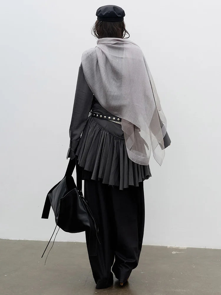 Shirt Dress – Pleated Irregular Burr Hem – Cotton Jersey – Gray | KIMLUD