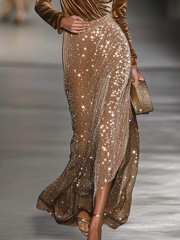 Velvet Evening Gown V-Neck Long Sleeve Glitter — Antique Gold | KIMLUD