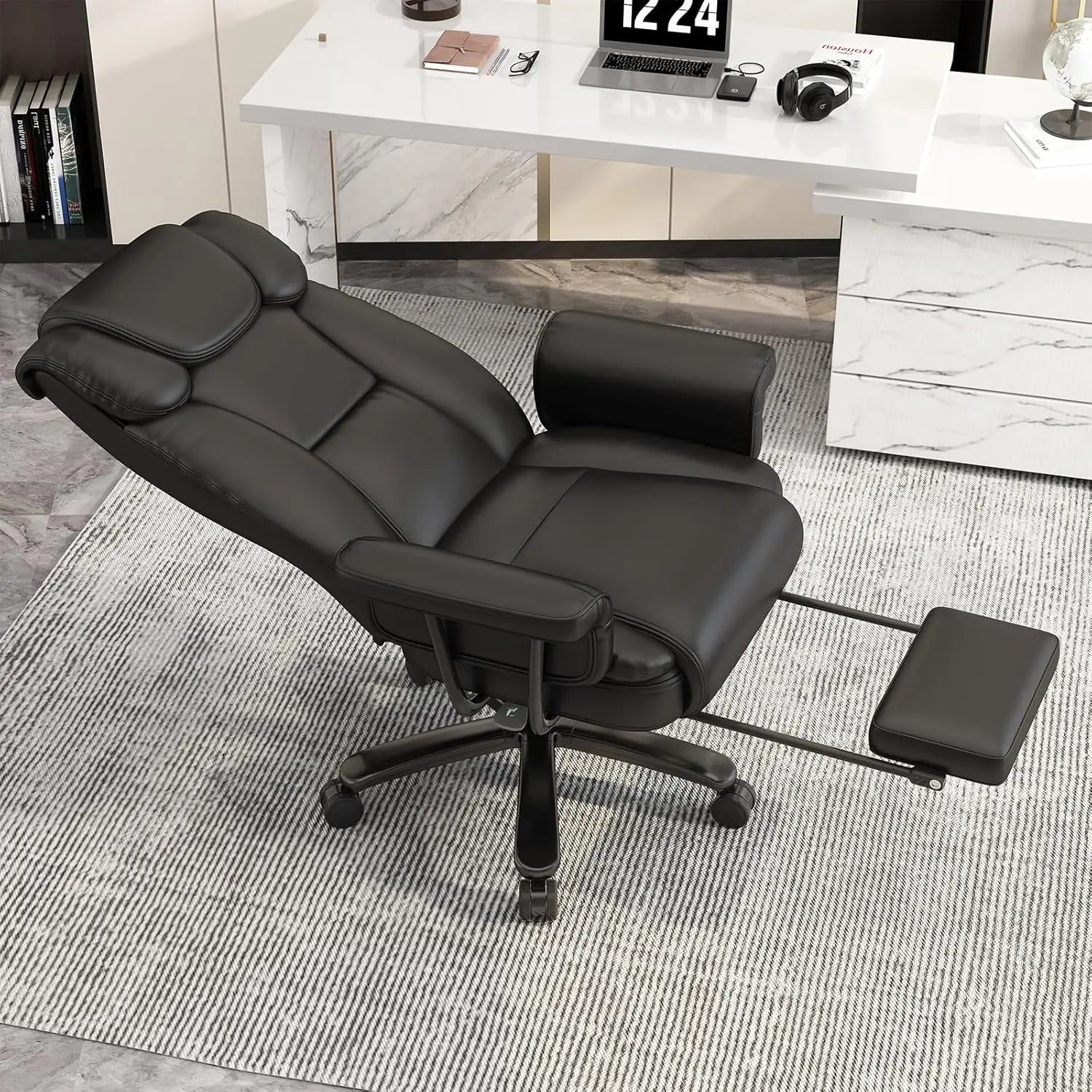 Wooden Frame Big And Tall High Back Reclining Office Chair With Wide Seat And Footrest — Black | KIMLUD