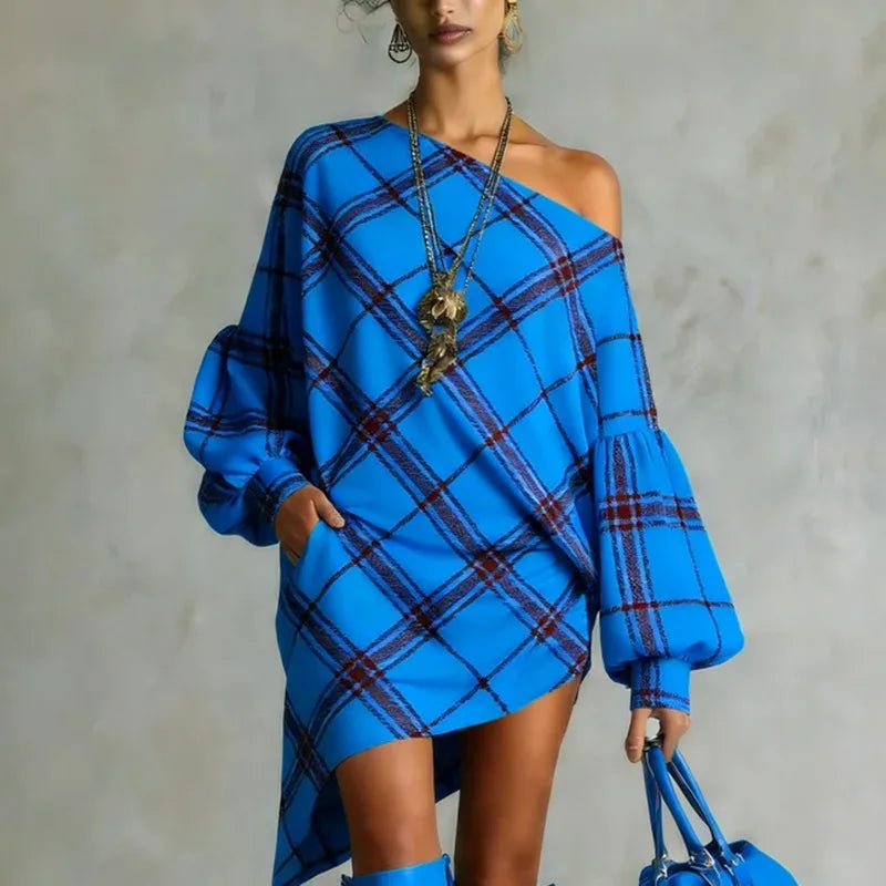 Polyester One Shoulder Dresses Plaid Mini — Multicolor | KIMLUD