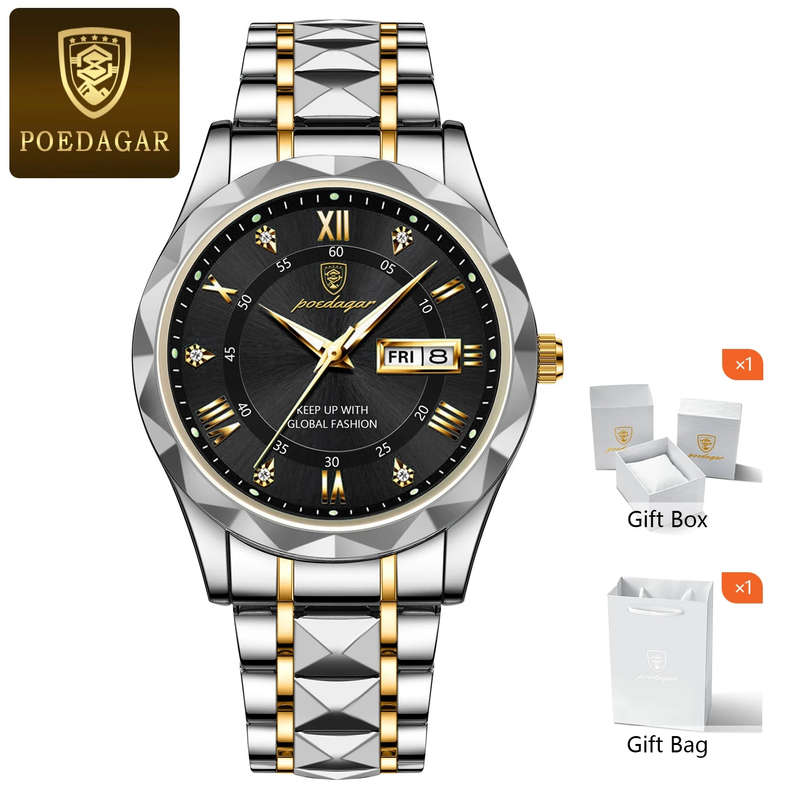 POEDAGAR Luxury Men's Watches Waterproof Luminous Date Week Watch For Man Stainless Steel Quartz Casual Men Wristwatch+Box Gift