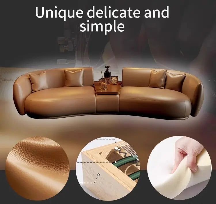Italian curved leather sofa, premium luxury living room, beauty salon, office and reception area furniture