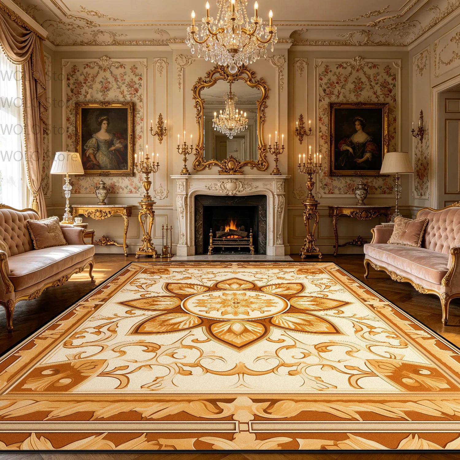 Luxurious Rococo Geometric Area Rug — Gold | KIMLUD