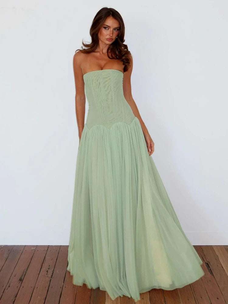 Sexy Sleeveless Mesh Patchwork Long Dress Women Light Green Strapless Slim A Line Dresses Celebrity Evening Club Party Gowns