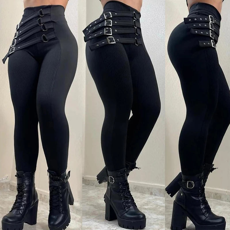 New Women's High Waist Pencil Pants Fashion Black Gothic Slim Leggings With Metal Buckle Y2k Vintage Trousers For Women