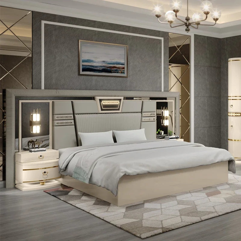 A New Design Modern Wood Double Leather King Size Bed Set Home Master Room Queen Full Wooden Luxury Bedroom Sets Furniture