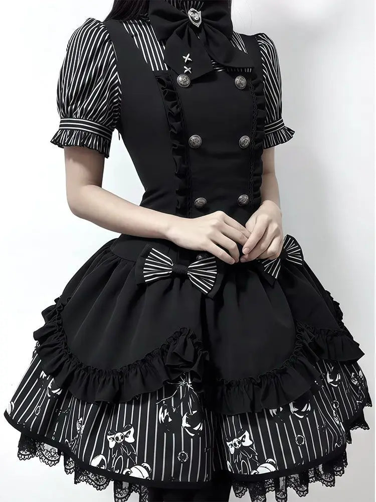 Gothic Striped Lolita Dress Set Puff Sleeve — Black and White | KIMLUD