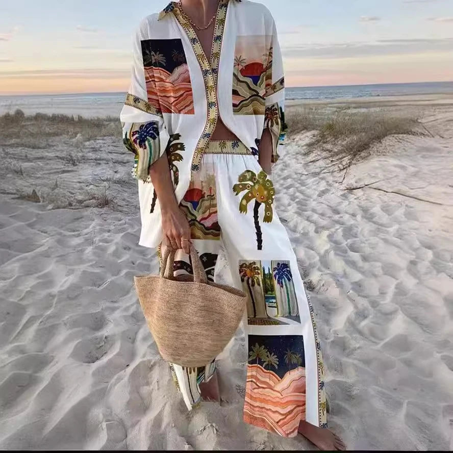 Two Piece Set – Casual Printed – Wide Leg Pants | KIMLUD