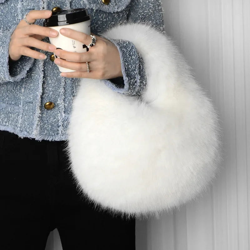 Fashion Soft Plush Half Moon Bags for Women Designer Fluffy Faux Fur Lady Handbags Luxury Small Tote Female Winter Purses
