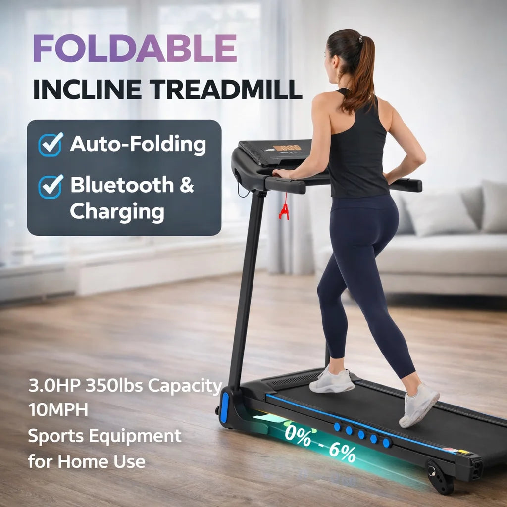 Foldable Incline Treadmill 3.0HP 350lbs Capacity Auto-Folding 10MPH Bluetooth USB/Type-C Charging Sports Equipment for Home Use