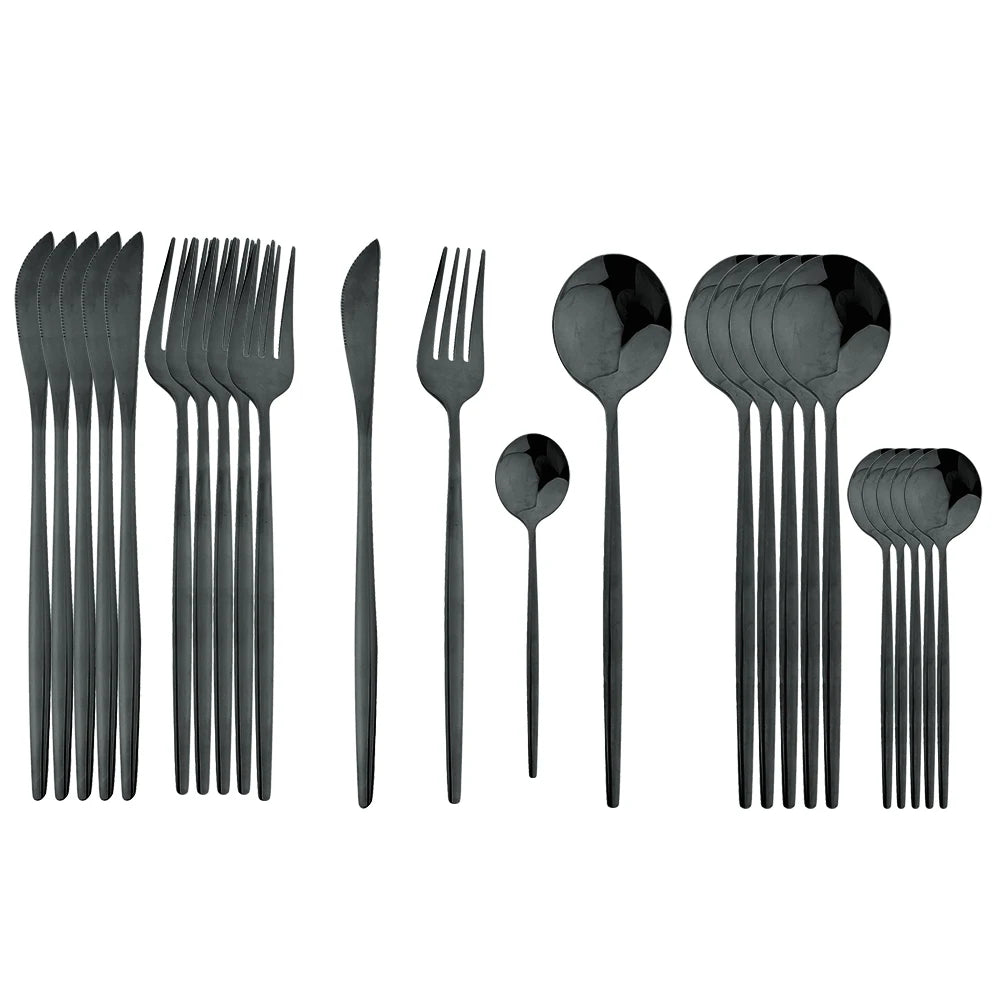 Gold Tone Cutlery Set With Black Handles — Black | KIMLUD
