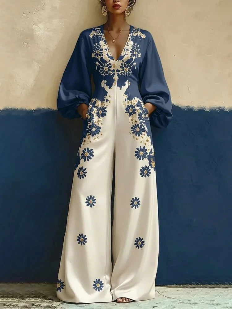 Jumpsuit – Floral Print – Polyester – V-Neck Puff Sleeves | KIMLUD
