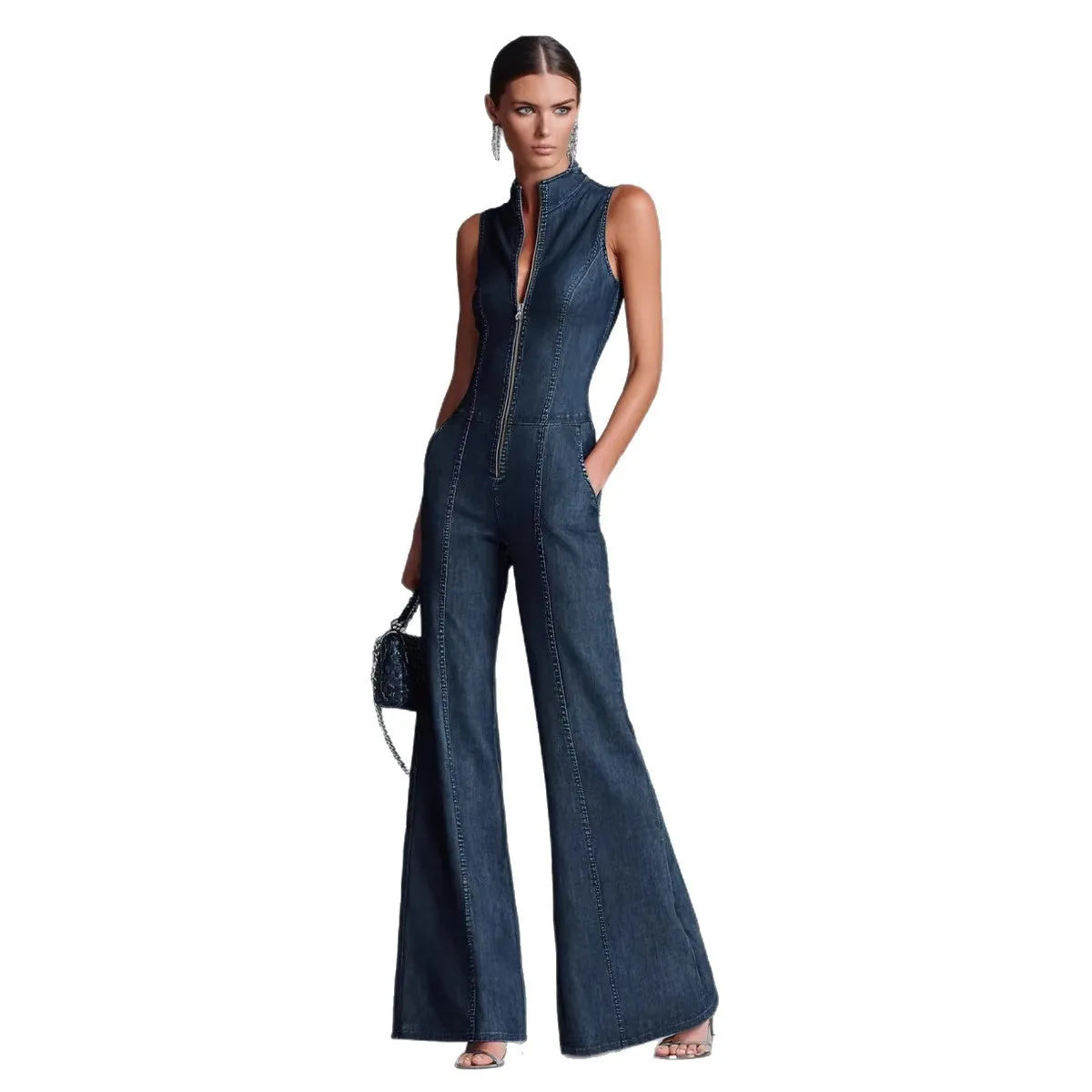 Jumpsuit – High Neck Front Zip – Sleeveless Wide Leg Polyester | KIMLUD