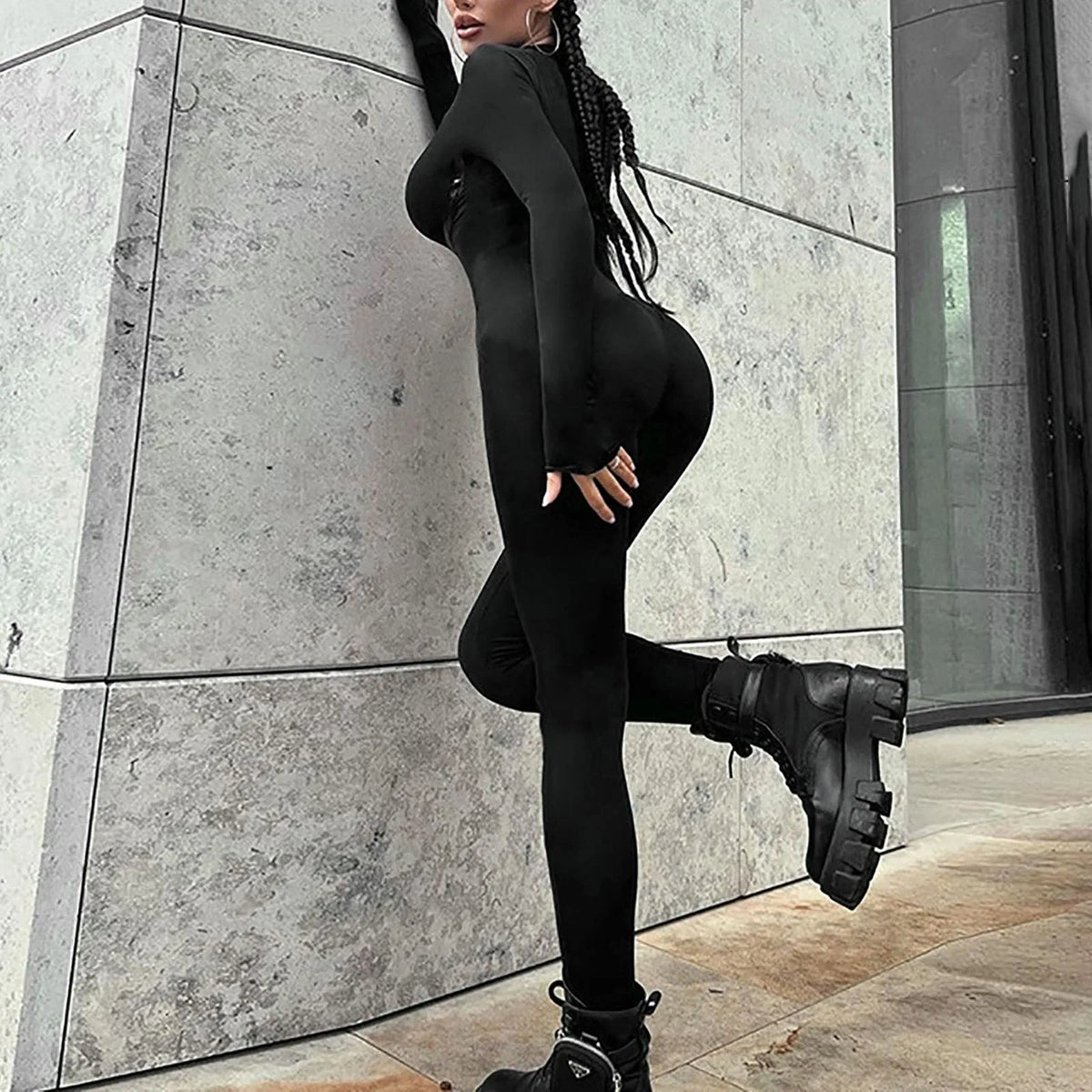 Jumpsuit – O Neck Full Sleeve Zipper – Broadcloth – Black | KIMLUD
