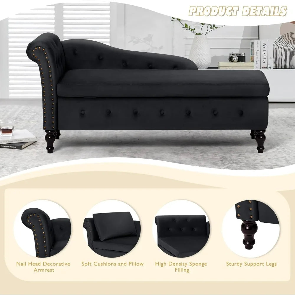 Velvet Chaise Lounge with Left Armrest & Storage Space,Button Tufted Lounge Chair w/Lumbar Pillow,Modern Upholstered Lounge Chai