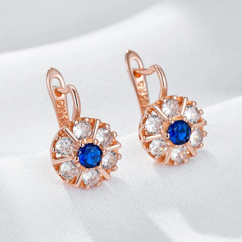 Rose Gold Floral Halo Earrings With Cobalt Heart — Rose Gold | KIMLUD