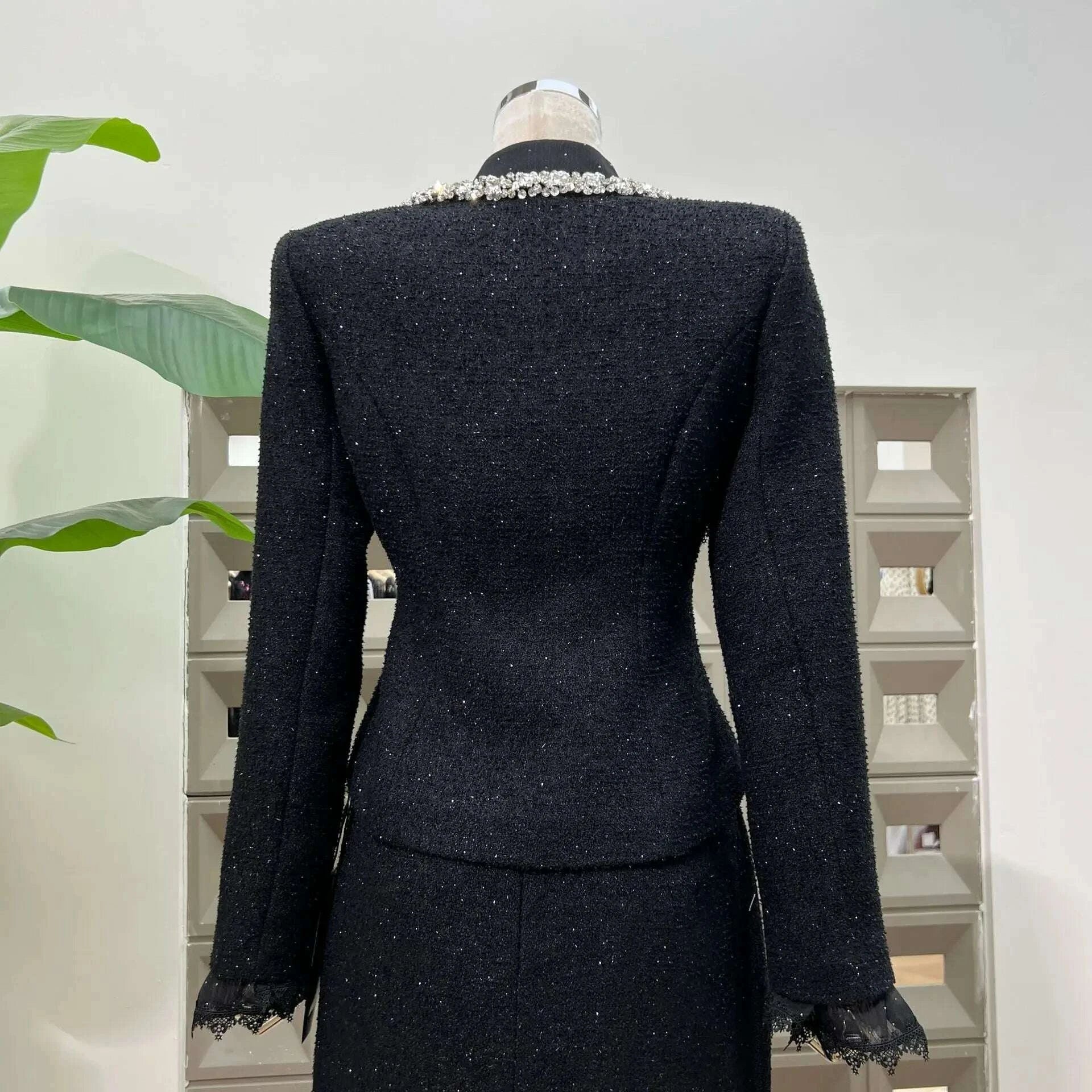 IEQJ Fashion Black 2 Piece Set Women Square Collar Diamonds Inlaid Short Jacket High Waist Skirt Suit Autumn New 3A556