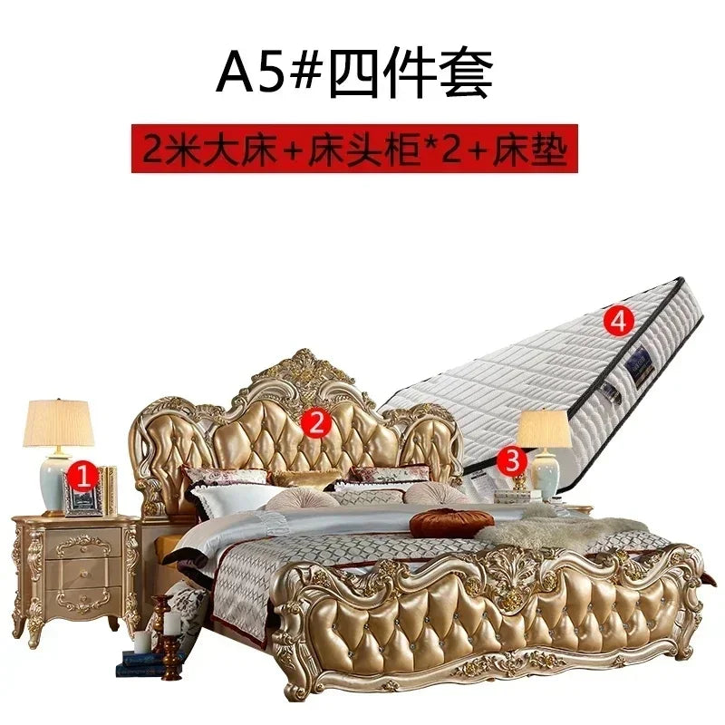 Luxury Gold Double Bed King Size Solid Wood Bedroom Set for Adults, Modern Princess Design Comfort Mattress