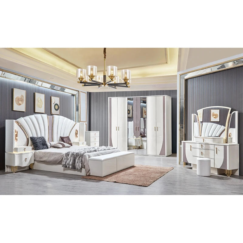 A Royal Luxury Gold Wood Frame Double King Size Bed Set Home Villa Classic Modern Design Wooden Full Bedroom Sets Furniture