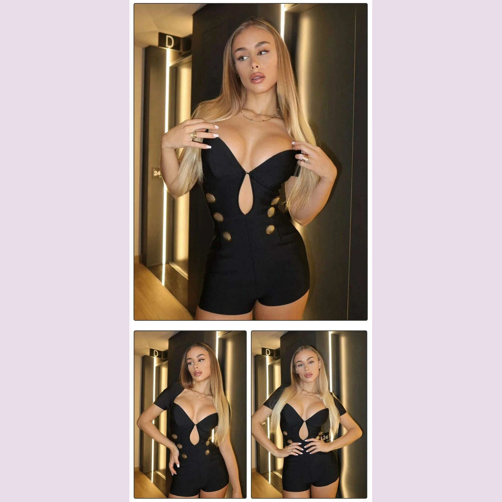 vc-2024-summer-new-womens-black-structured-romper-cut-out-short-sleeves-gold-button-details-bandage-bodycon-short-jumpsuitkimlud-womens-fashion-34625434