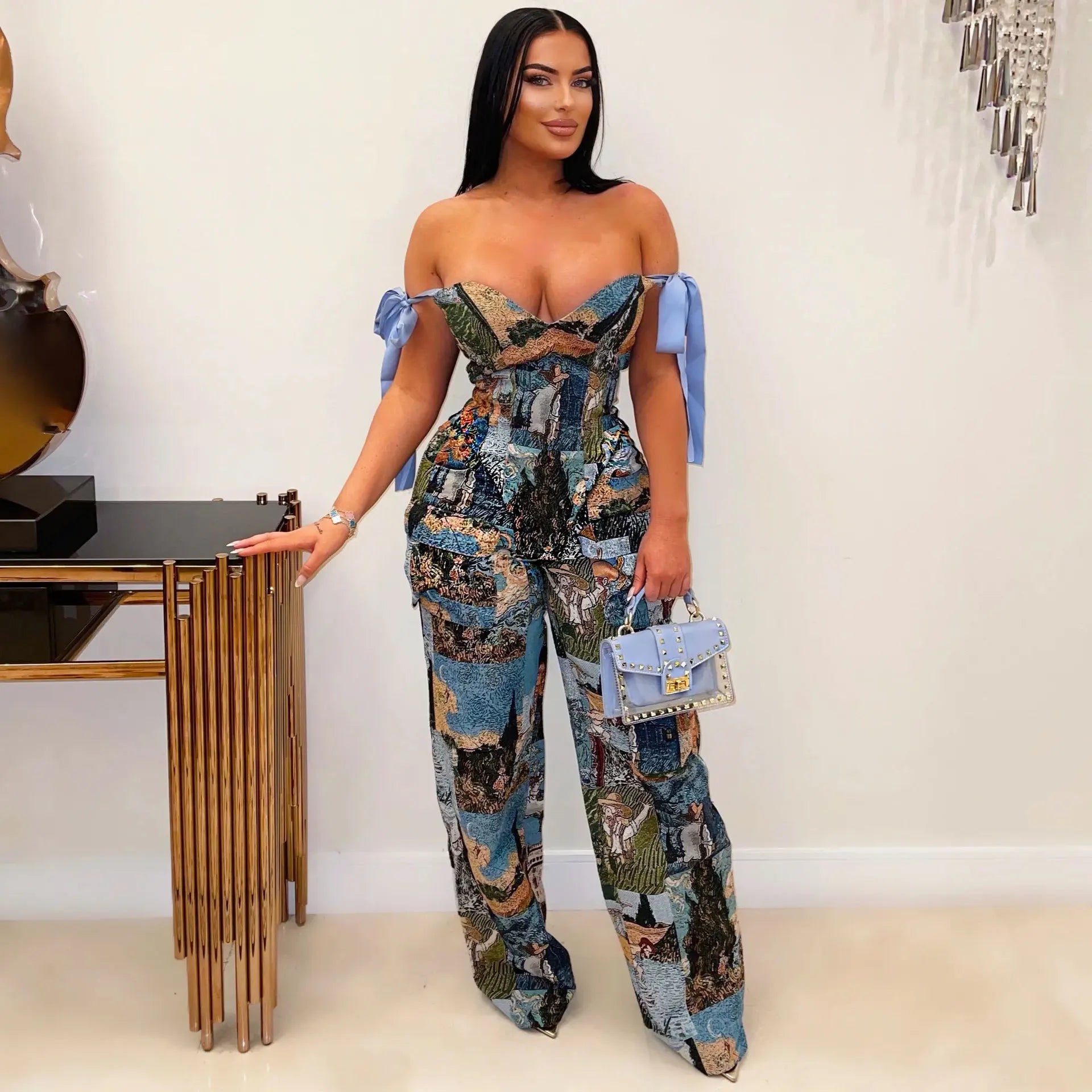 Oil Painting Print Knit Two Piece Set With Lace Up Back Crop Top — Blue | KIMLUD