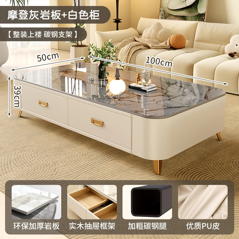 Rock-Slab Coffee Table With Wooden Frame — White | KIMLUD