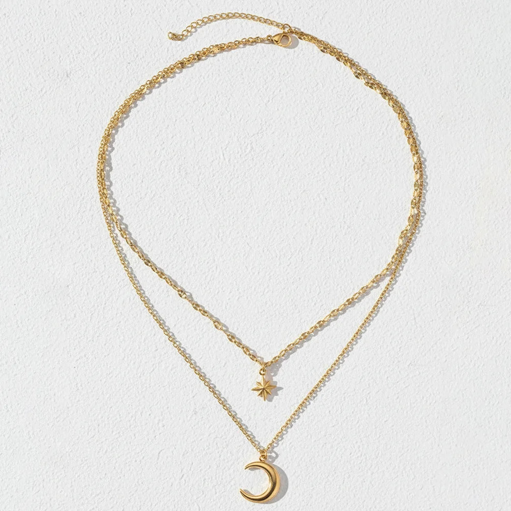 Stainless Steel Necklace Eight-Pointed Star Moon Pendant — Silver | KIMLUD