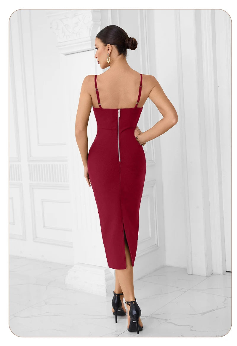 VC Elegant Burgundy Spaghetti Strap Midi Dress with Pearl & Rhinestone Embellishments for Cocktail Parties & Formal Events