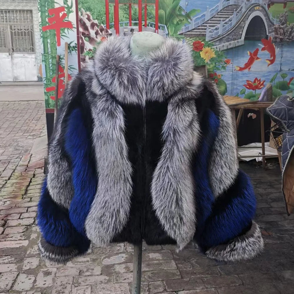 Real Fox Fur Jacket Women Luxury Genuine Silver Fox Short Coat Full Sleeves Winter Natural Plush Red Fox Fur Coat Female, blue / S, KIMLUD, by KIMLUD Women's Clothes