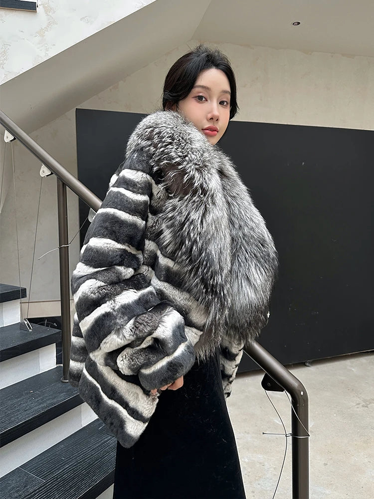 Winter Women Real Rex Rabbit Fur Coat 100% Natural Fur Jacket with Large Silver Fox Fur Collar Luxury Streetwear