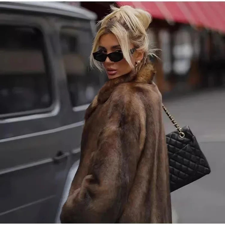 New women's autumn-winter fur coat imitation mink coat women's long whole mink mink fur suit collar casual