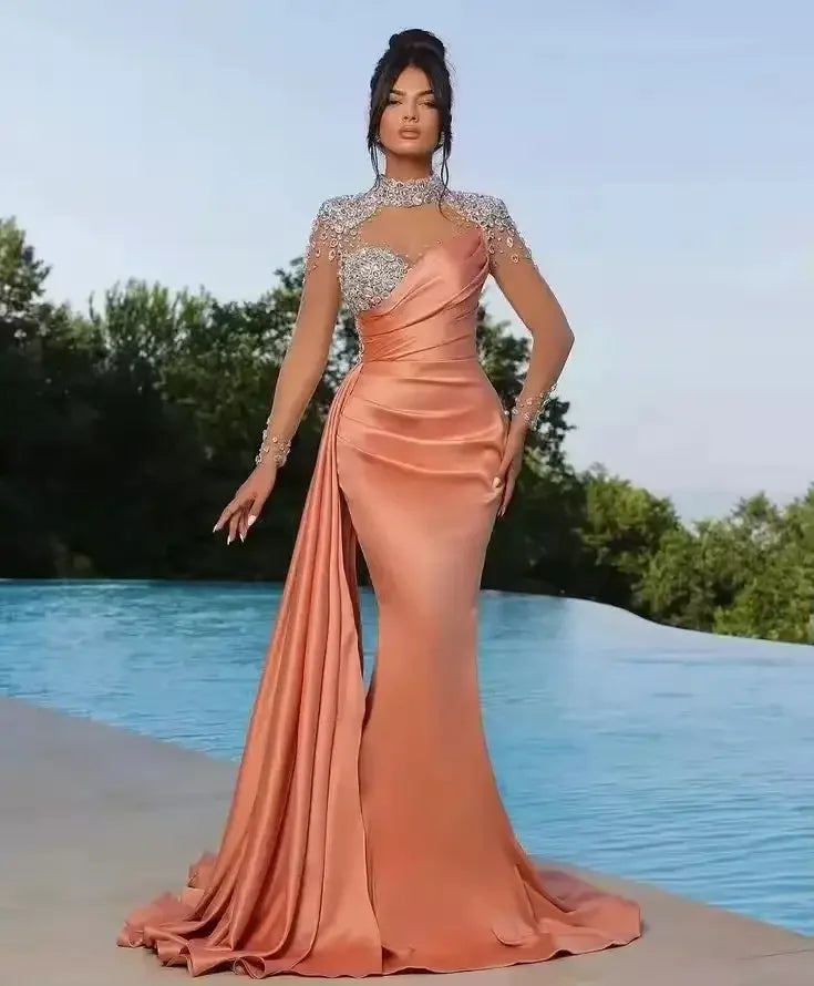 Dubai Sexy Mermaid Beading Evening Dresses High Neck Saudi Arabia Women Long Sleeve Customized Prom Gowns - KIMLUD