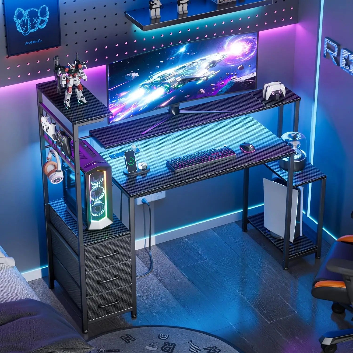48 Inch Gaming Desk with LED Lights & Power Outlets,Computer Desk with Fabric Drawers & Side Hook,Reversible Gamer, Customized