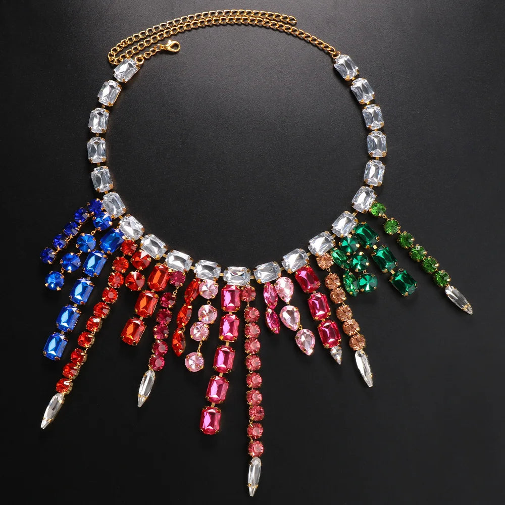 Colorful Large Crystal Necklaces Rhinestone Tassel — Multicolor | KIMLUD