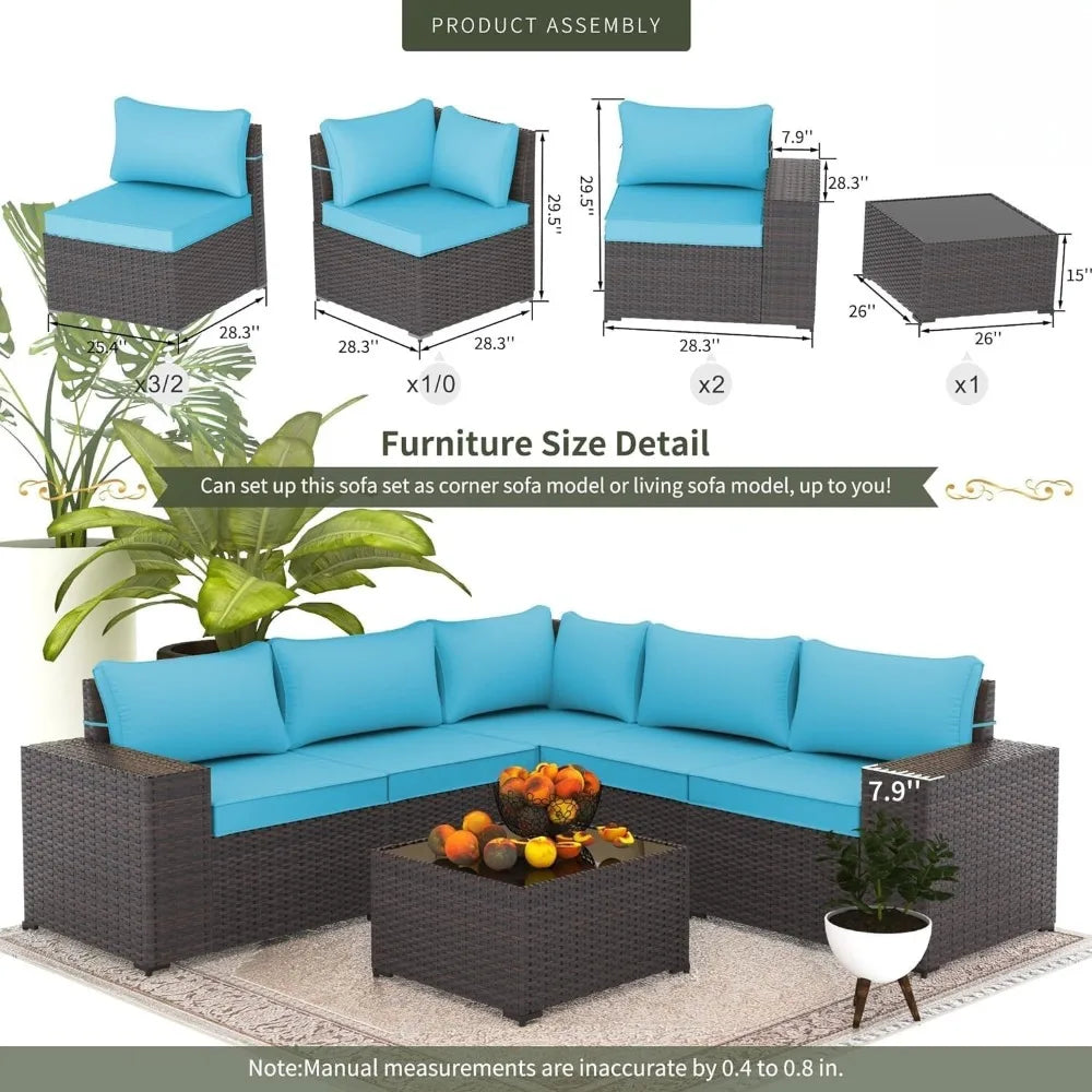 PE Rattan Wicker Outdoor Set Sectional Coffee Table — Turquoise Blue | KIMLUD