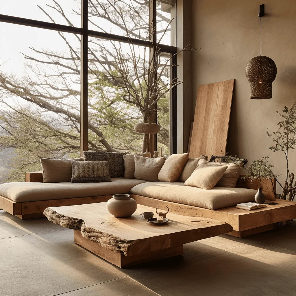 Solid Wood Wabi-Sabi L-Shaped Sofa With Log-Inspired Silhouette — Cream | KIMLUD