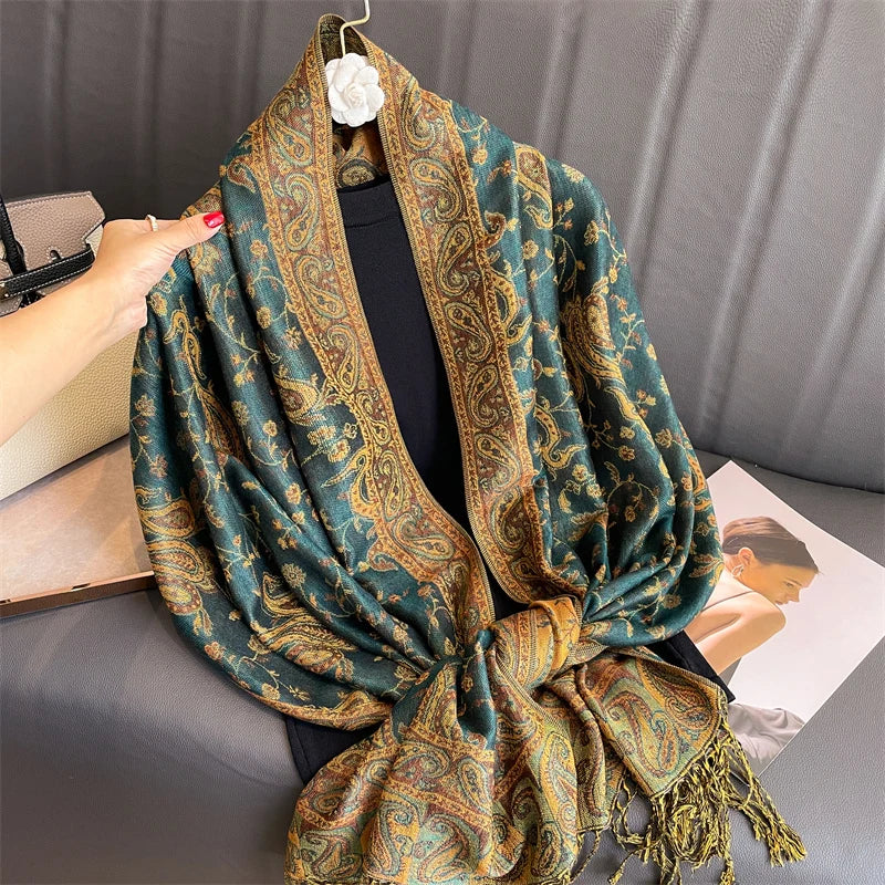 Cashmere Pashmina Shawl With Autumn Print Design, Olive Accents And Gold-Toned Fringe — Red | KIMLUD