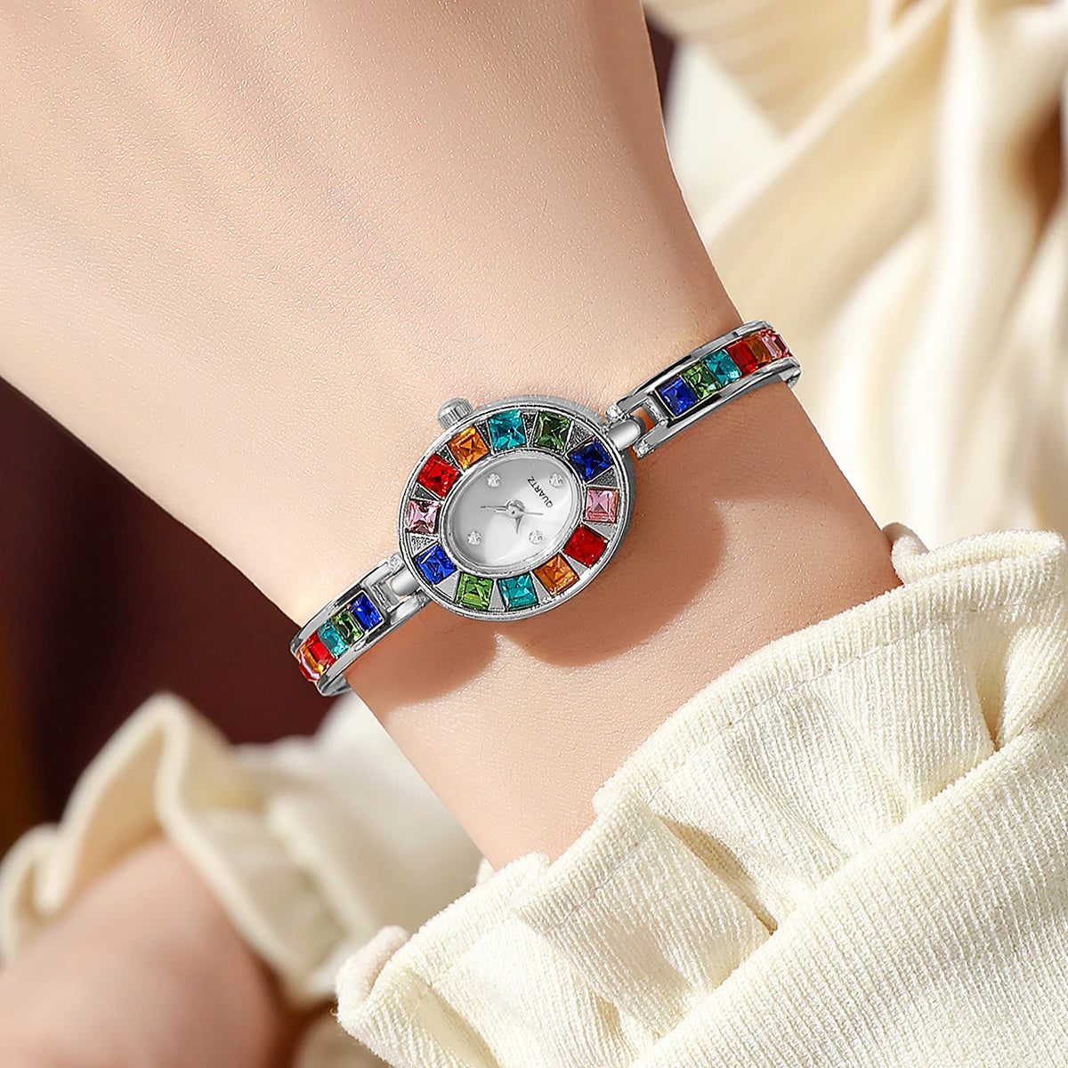 Rhinestone Alloy Watch Bracelet — Silver | KIMLUD
