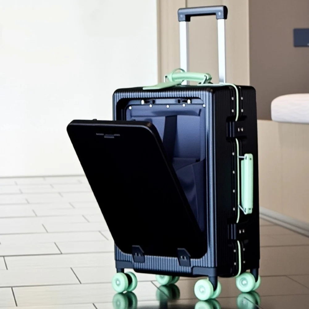 Front Opening Suitcase Aluminum Frame 20" Carry-on Trolley Case Bag with Colorful Silent Wheel USB Charging Plug Rolling Luggage