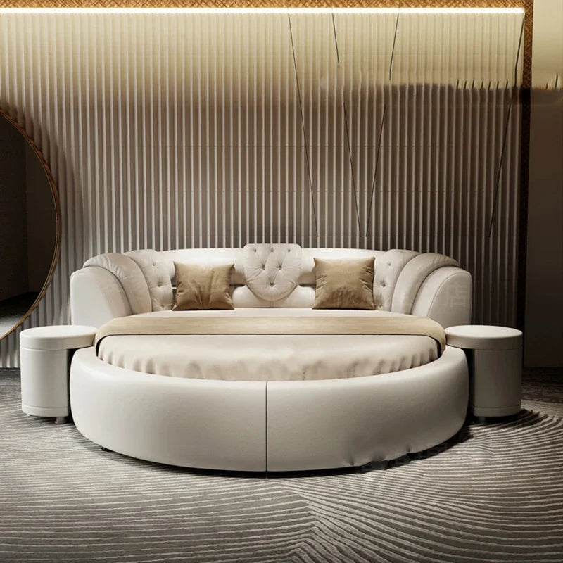 European Style Round Bed Luxury Leather Surface — Ivory White | KIMLUD
