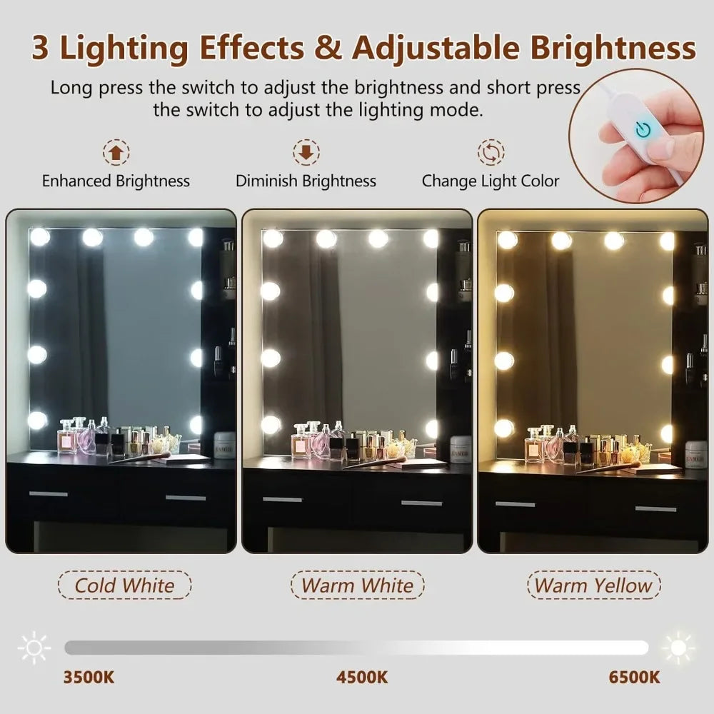 Large Vanity Desk with Mirror & 10 LED Lights, Makeup Vanity Dressing Table with Power Strip, Storage Shelves & 5 Drawers