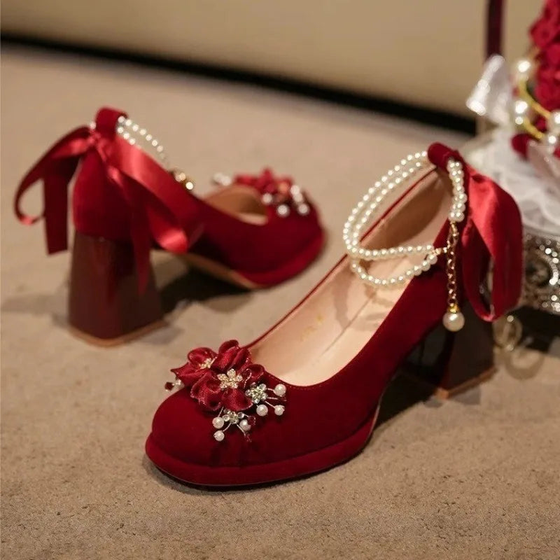 PU Mary Jane Pumps With Crystal Floral Embellishments — Crimson Red | KIMLUD