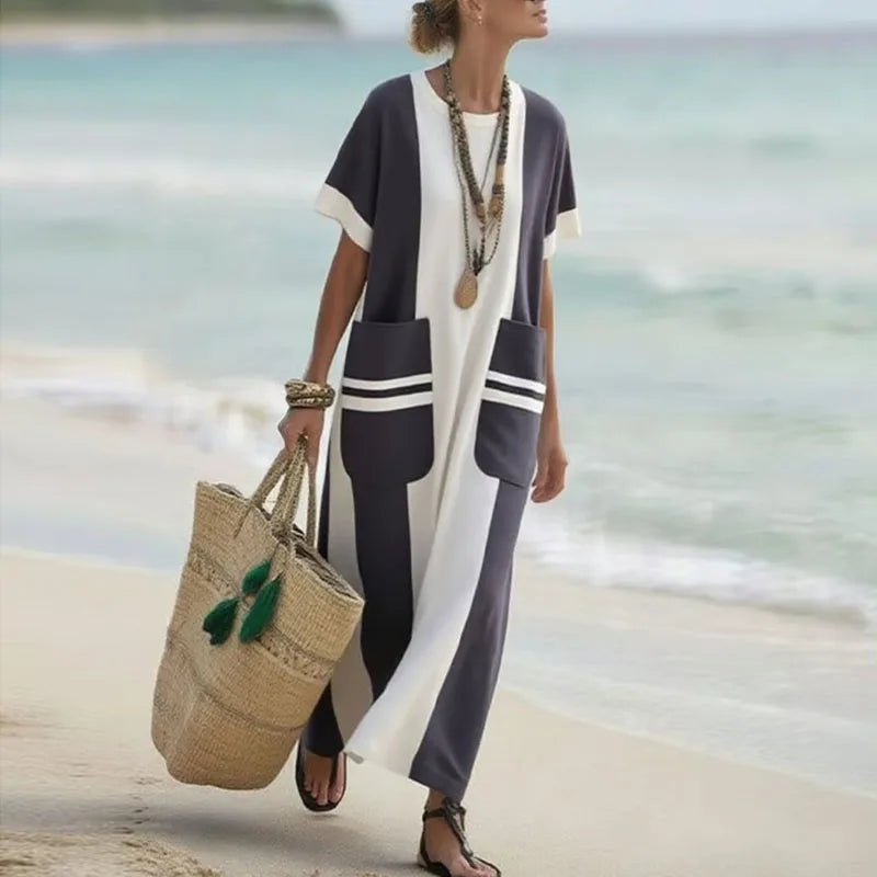 Spring Elegant Crew Neck Holiday Beach Dress Woman Chic Contrast Color Patchwork Long Dress Summer Short Sleeve Split Boho Dress