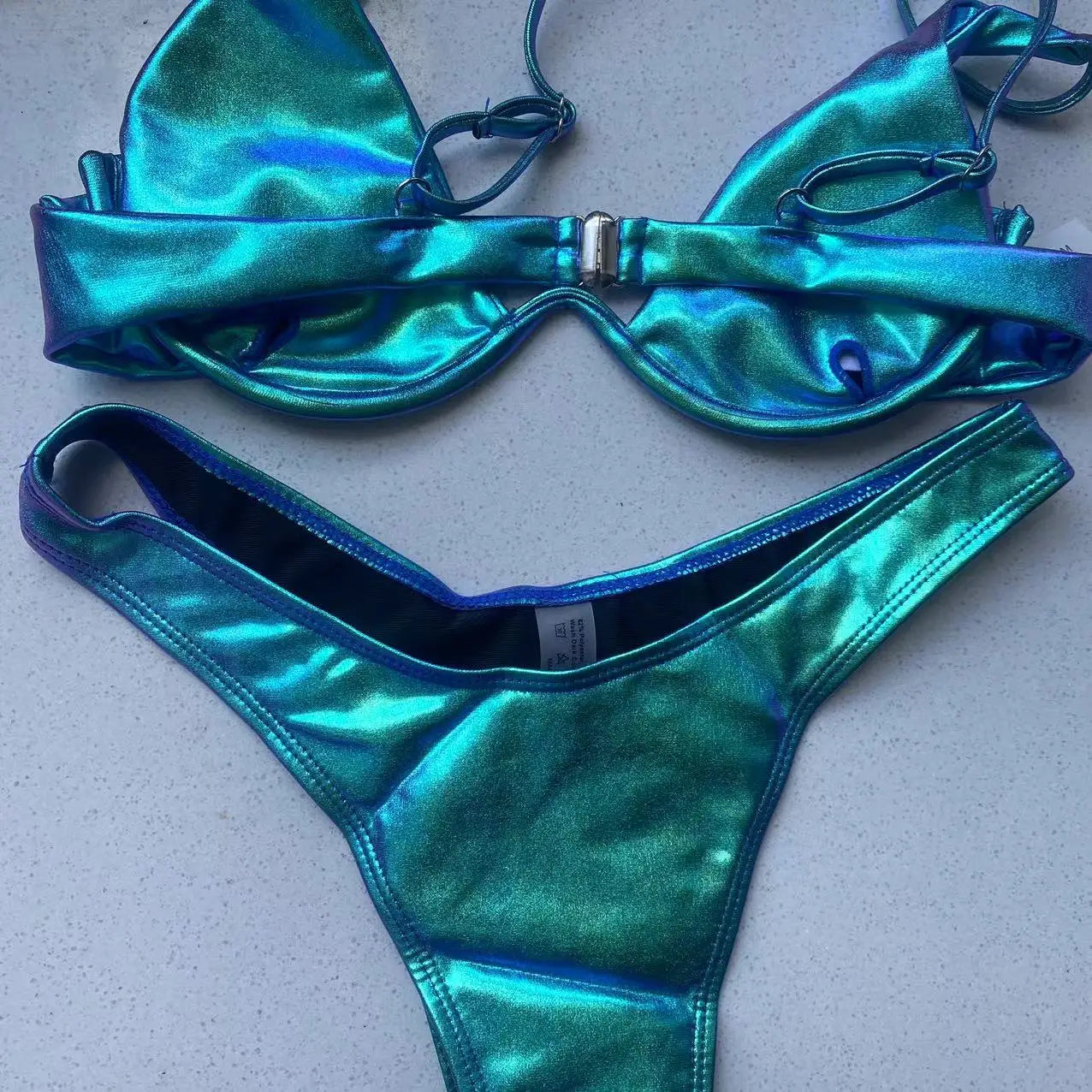 Holographic Triangle Bikini Push Up Thong Bandage Two-Piece Swimsuit — Blue | KIMLUD