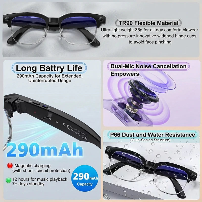 Cat Eye Smart Glasses 4K Dual Cameras AI Translator — Black | KIMLUD