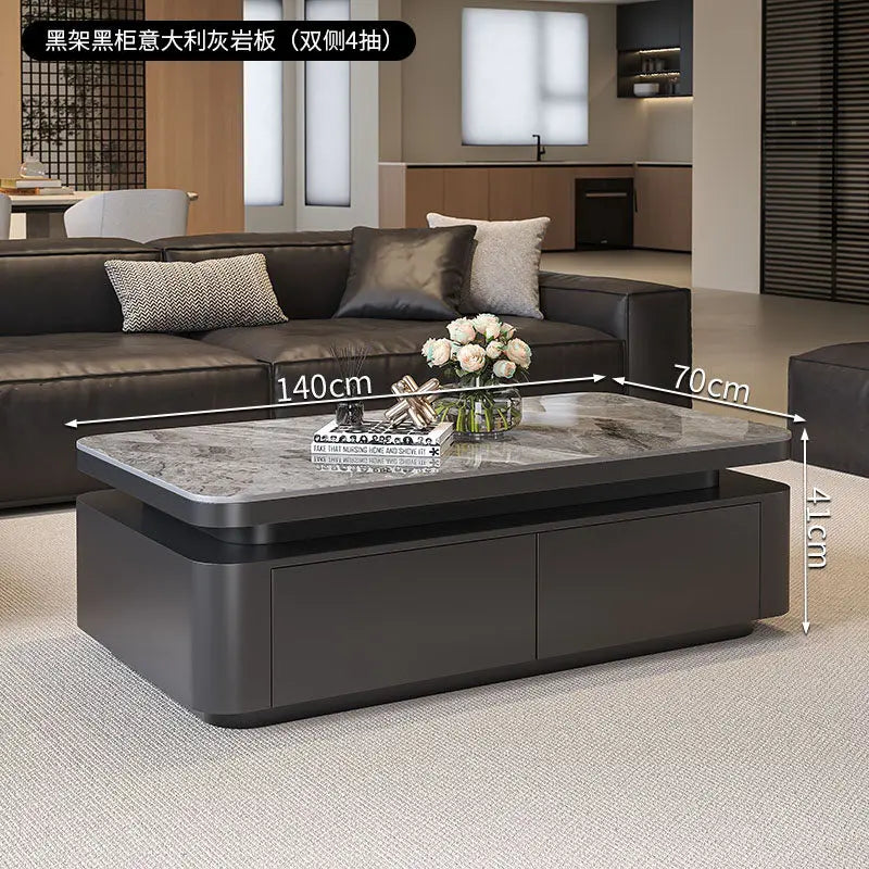 Minimalist Rock Slab Storage Coffee Table — Deep Graphite Black | KIMLUD