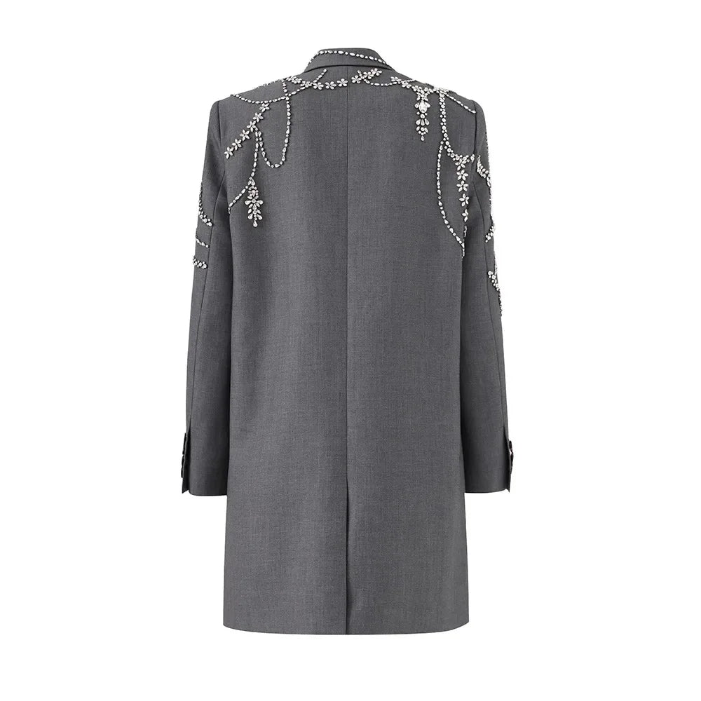 Gray Blazer Handmade Crystal Inlaid Diamond Long Blazer Dress Jacket Double Breasted Button Blazer Suit Outfit Women - KIMLUD
