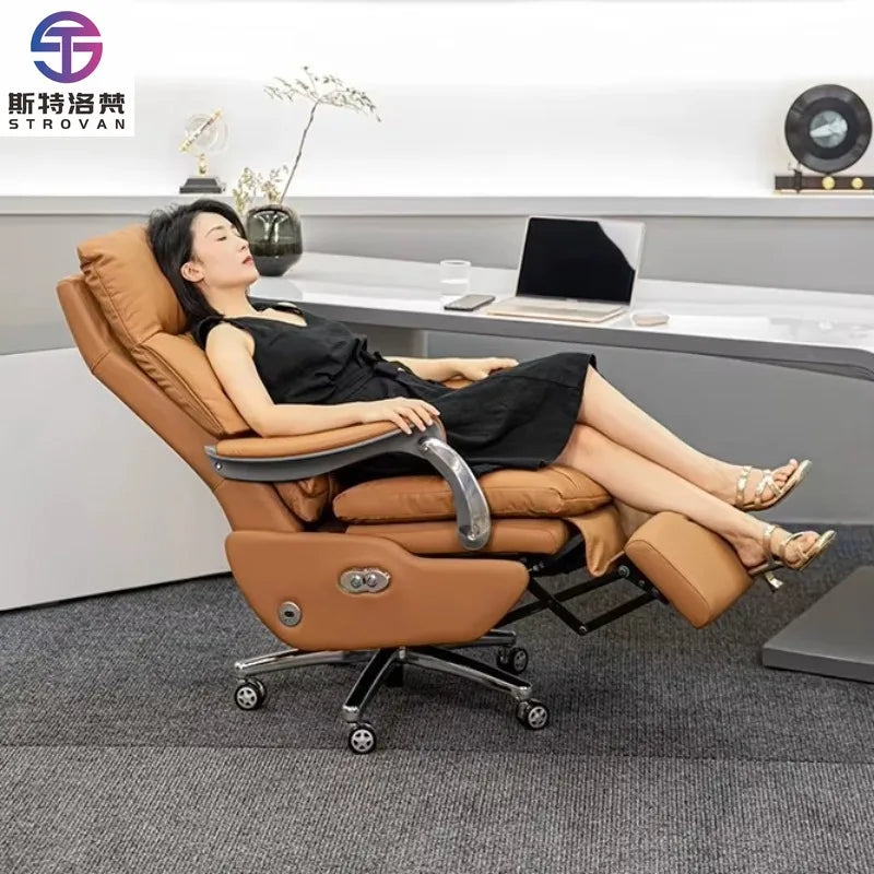 Leather Executive Chair With Electric Massage — Tan | KIMLUD