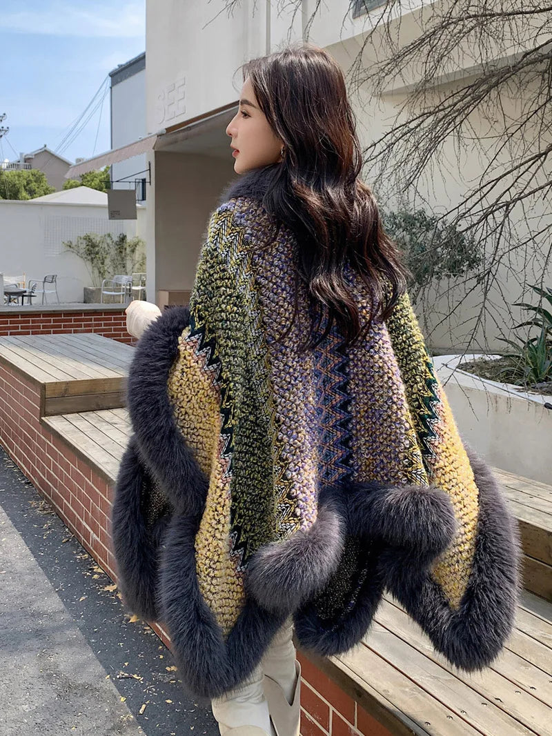 Cape – Faux Fox Fur Trim – Knit Silhouette – Colorful | KIMLUD