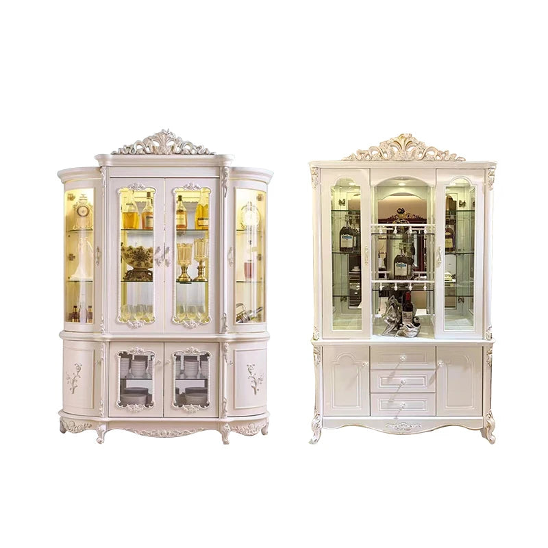 Wooden Wine Cabinet Sideboard With Glass Display — Ivory-White | KIMLUD